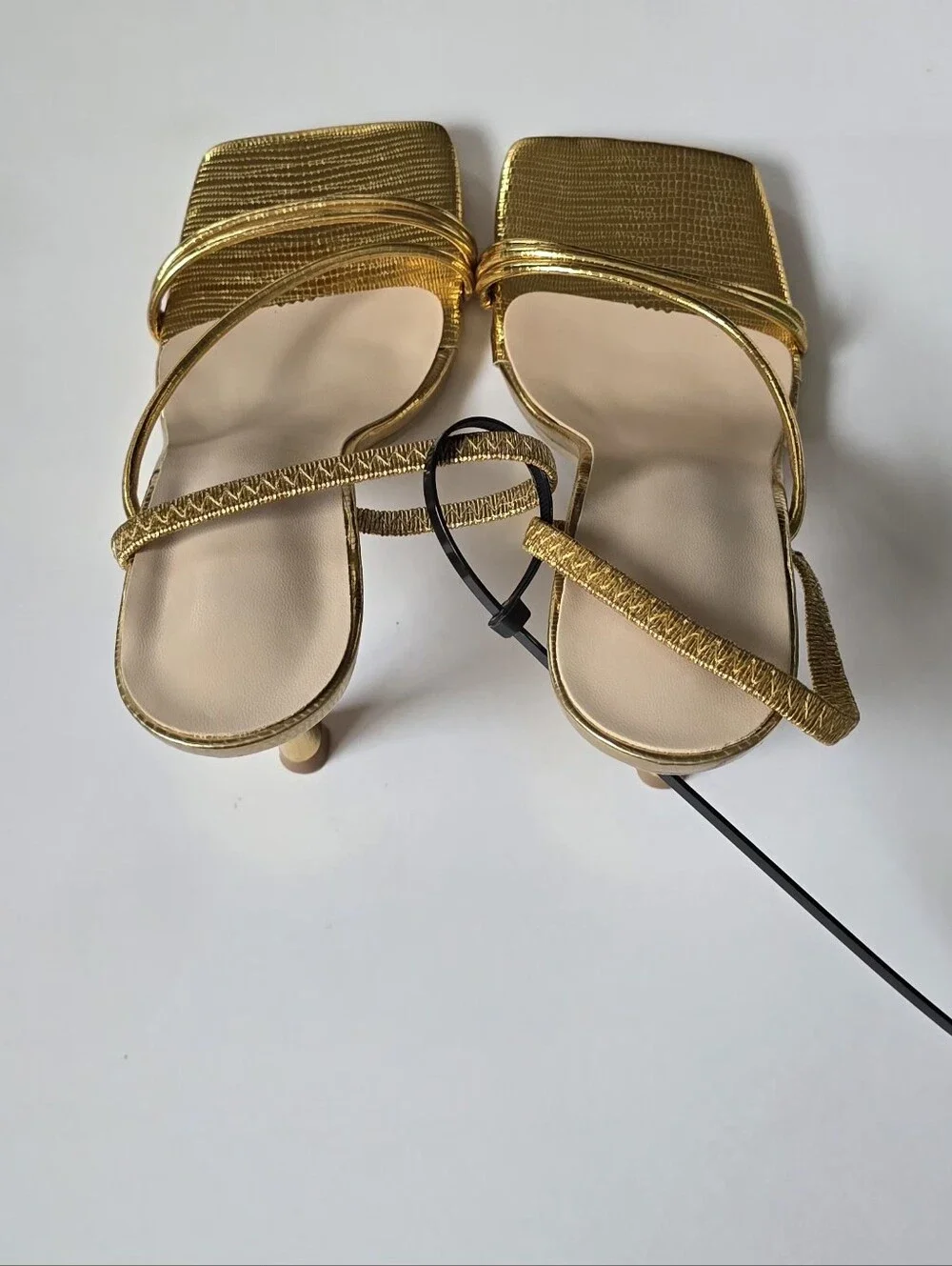 Gold Metallic Strappy Square-Toe Heeled Sandals